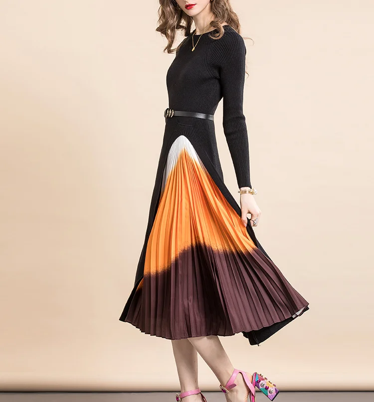 

Женское винтажное трикотажное платье-миди с круглым вырезом и длинным рукавом