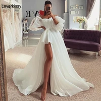 loverkissy beach silky organza puffy sleeve wedding dresses with high split open back lace up back a line modern bridal gowns