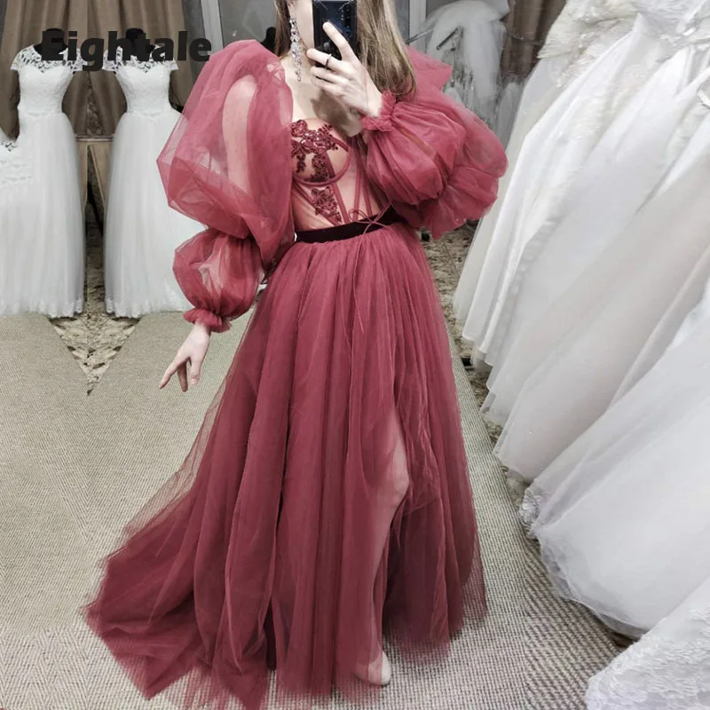 

Eightale Burgundy Arabic Prom Dresses 2022 Appliques Long Puffy Sleeves Side Split Tulle Dubai Evening Gown Party Dress