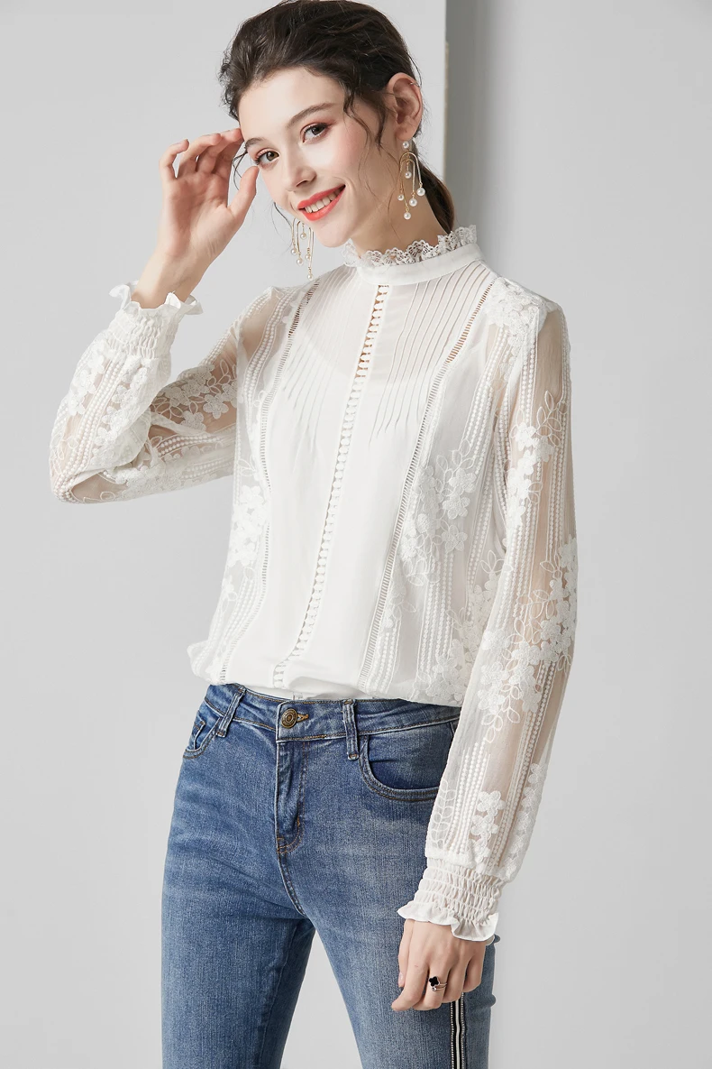 Женские рубашки из натурального шелка со стоячим воротником с длинными рукавами