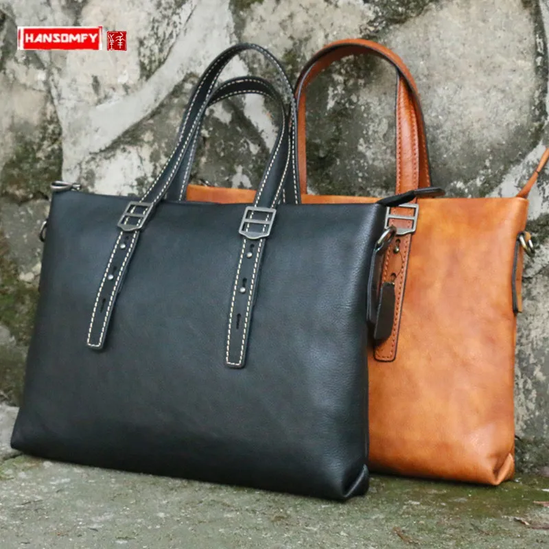 Genuine Leather Business Men's Briefcase 14 Inch Laptop Bag Men Handbags First Layer Cowhide Shoulder Messenger Bag male 2022