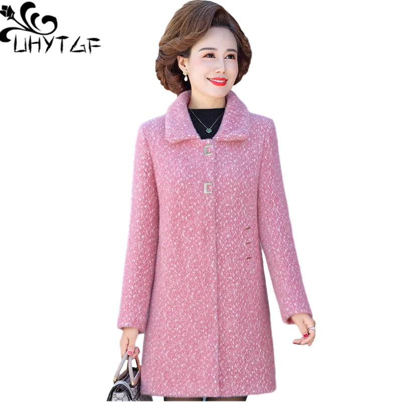 UHYTGF Mother Autumn Winter Woolen Coat Imitation Mink Fleece Casual 5XL Big Size Outwear Mid-Length Elegant Womens Jacket 1342