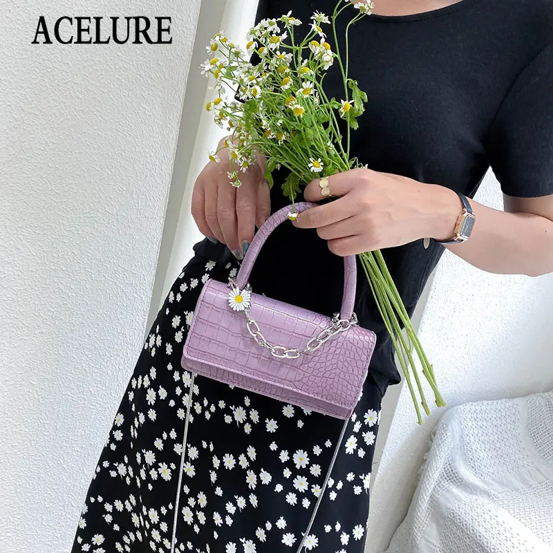 

ACELURE Flower Metal Chain Decor Small Shoulder Crossbody Bags for Women Alligator PU Leather Female Mini Handbags Purse Flap