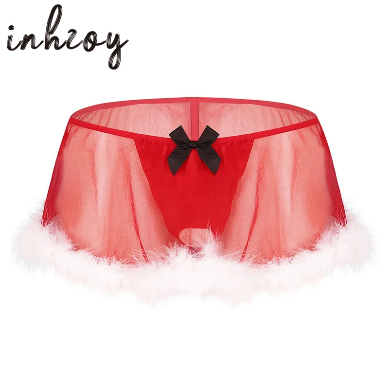 

Men Christmas Underwear Sexy G-String Thongs Red Tulle Sheer Lingerie Male Gay Sissy Panties Skirt Festival Rave Xmas Underpants