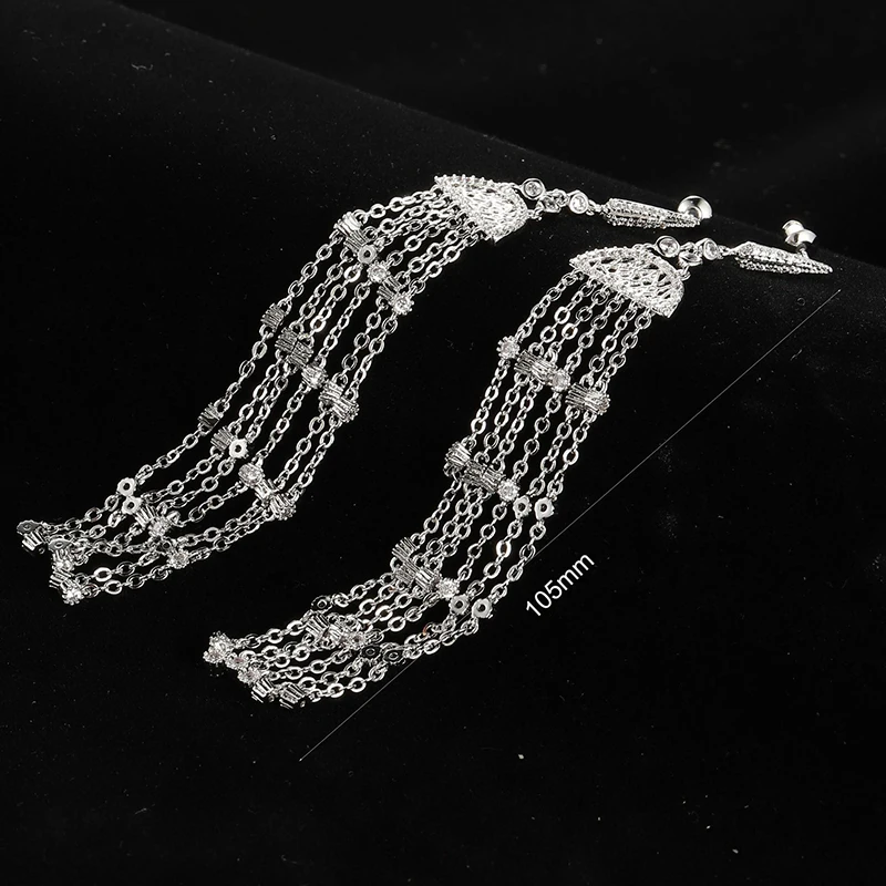 

Fan-shaped tassel long silver pin earrings 210322-38