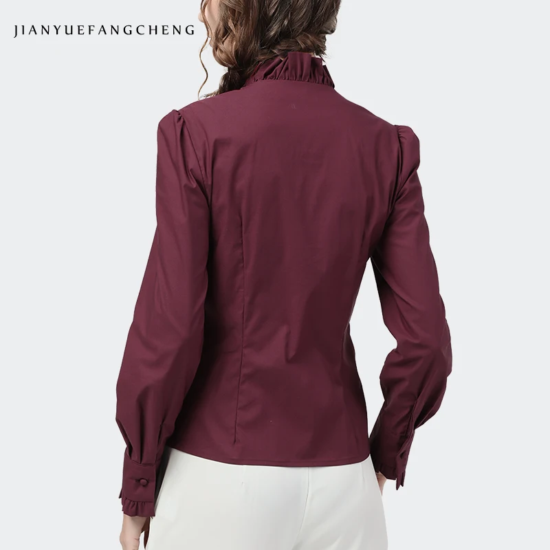

vintage Wine Red Spliced Cotton Women' Shirt Long Sleeves Stand Neck Elegant Slim Female 2020 Autumn New Office Casual Blouses