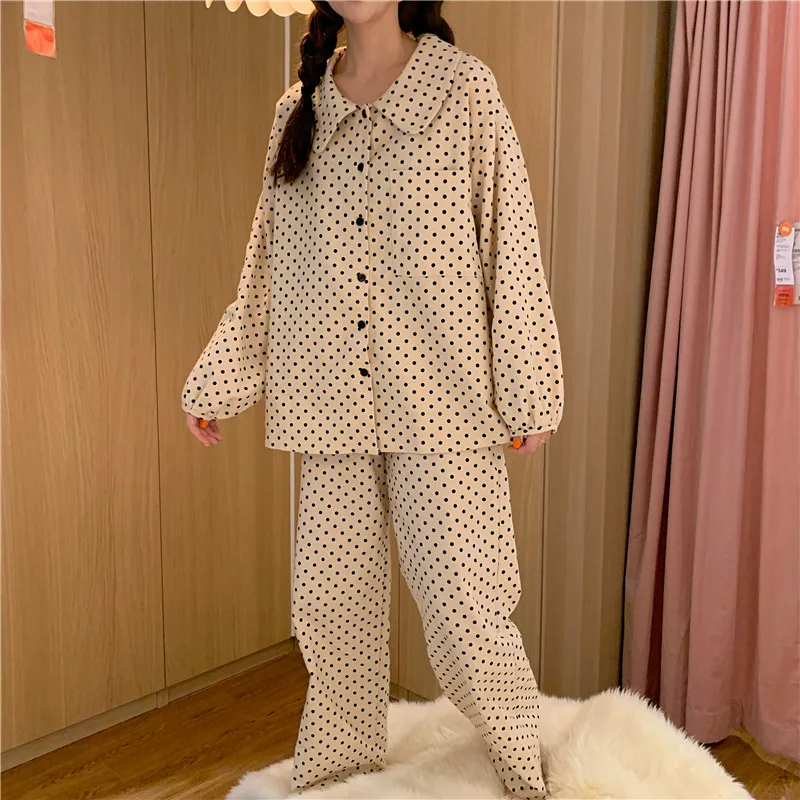 

cotton 2 piece set home clothes women pajamas set long sleeve peter pan collar shirts pants pyjamas student dot polka suit