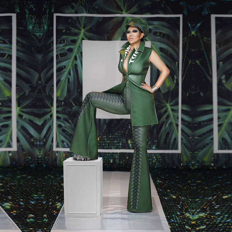 

Men's and women's unique military green military style onesie nightclub bar concert DJ singer/dancer costumes