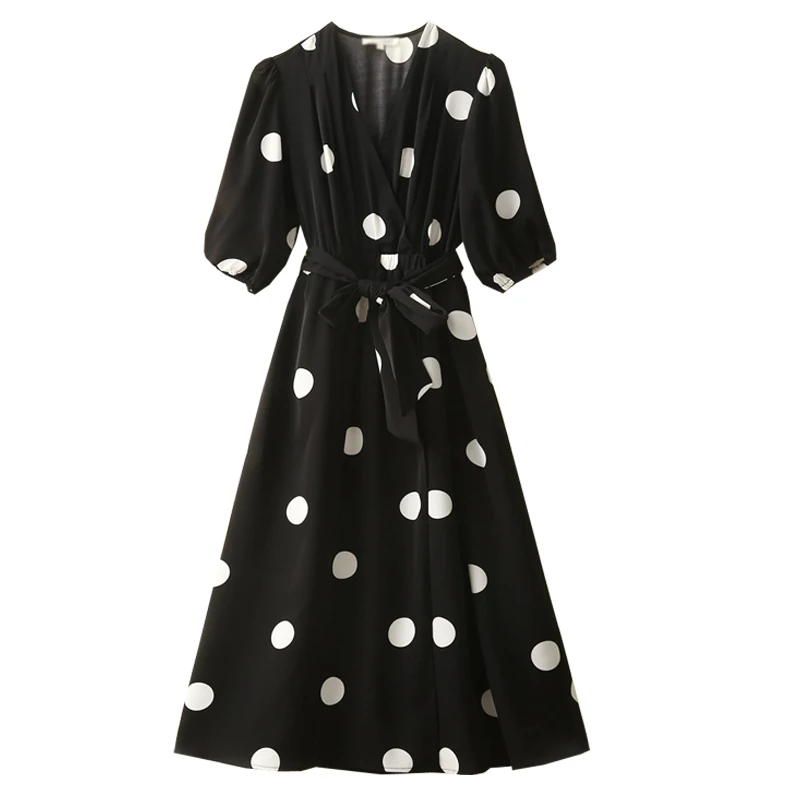 

Customize Made Women Summer Fashion plus Size 3XS-10XL Black with White Dot A Line Knee Length Dress