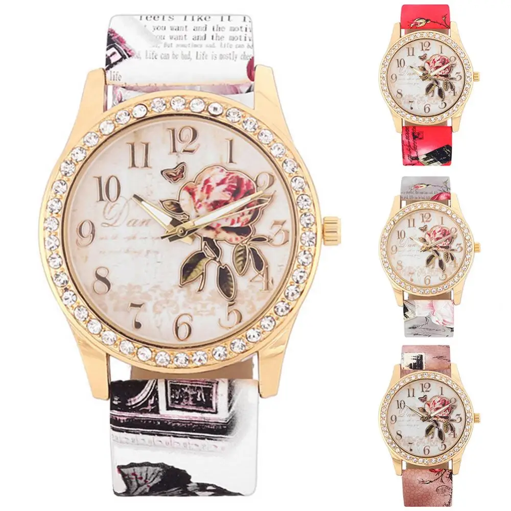 

50%HOT Fashion Women Rhinestone Wrist Watch Casual Rose Pattern Quartz Wristwatch