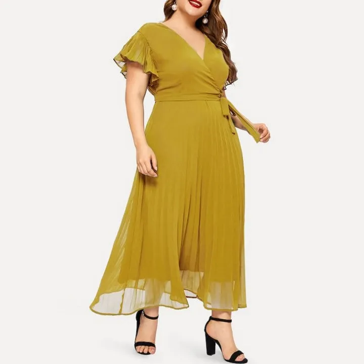 Женское плиссированное платье большого размера с v-образным вырезом и поясом