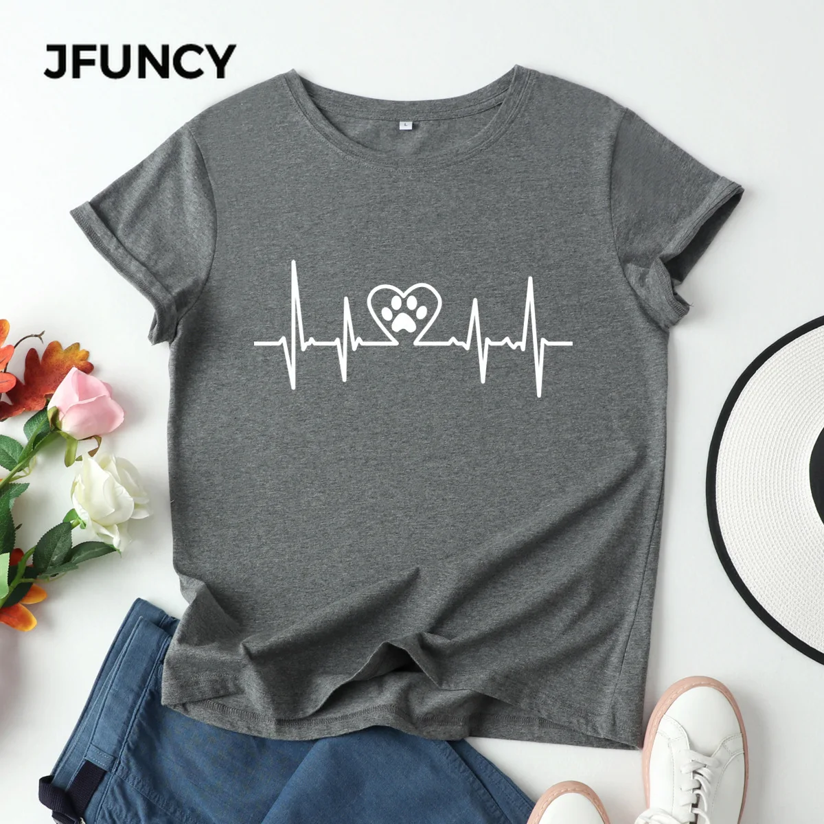 

JFUNCY Oversized Women T-shirt Summer Cotton T Shirts Female Tshirt Dogs Footprint Lady Graphic Tees Tops Casual Woman Clothes