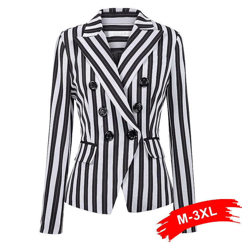 Женский шикарный Блейзер размера плюс в полоску двубортный с длинным рукавом