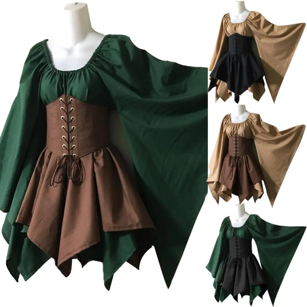 Женское платье с круглым вырезом рукавом летучая мышь средневековое в стиле