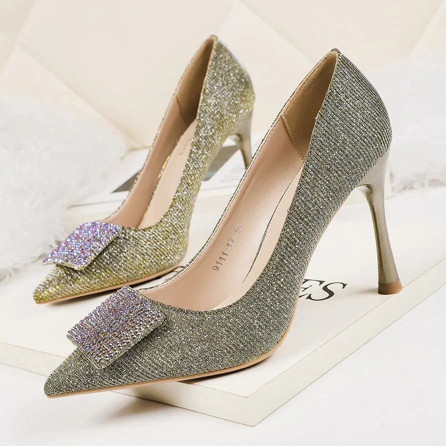 Женские туфли-лодочки на высоком каблуке 9 см серебристые вечерние туфли шпильке