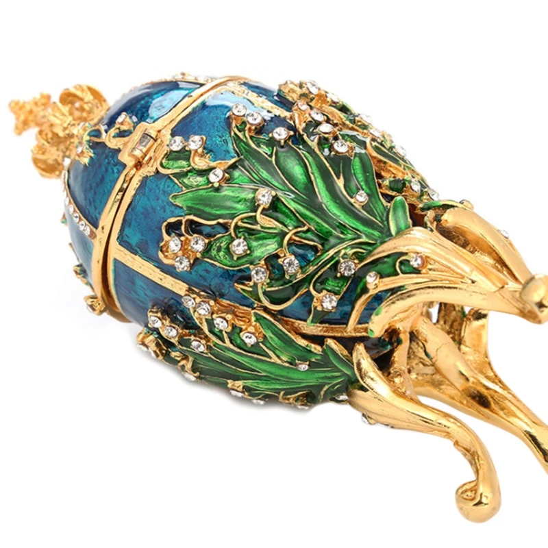 

Fashion Luxurious Blue Enamel Rhinestone Flower Carving Easter Egg Jewelry Storage Box Holder