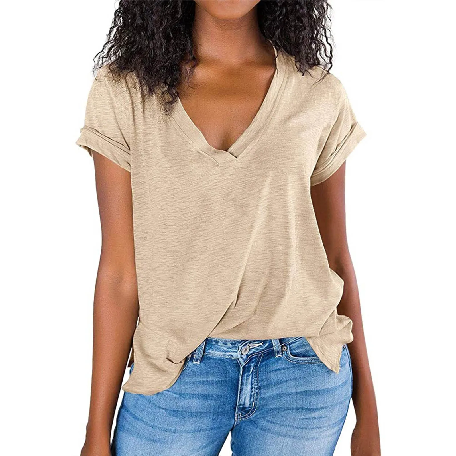 

2021 Summer Clothes For Women V Neck Blouses Casual Short Sleeve Loose Blouses Side Slit Basic Blouses Camisetas De Mujer