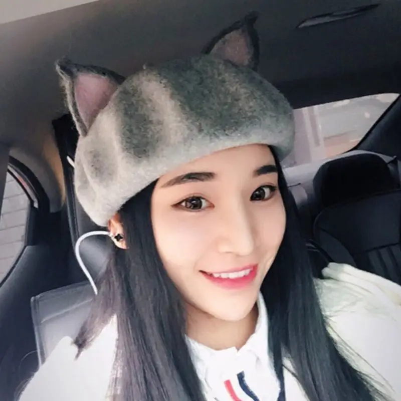

Women Girls Retro Beret Cap Cute 3D Pointed Ears Faux Felt Painter Hat
