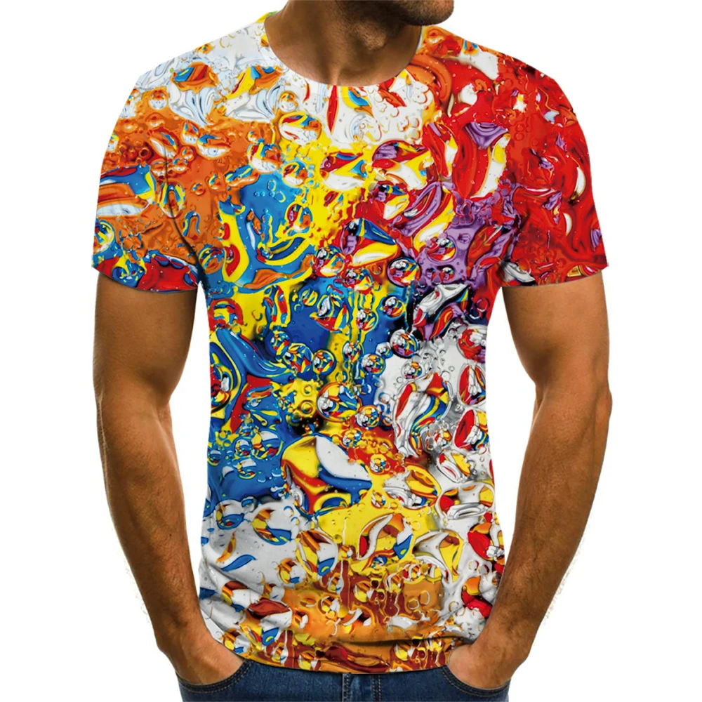 

Футболка мужская оверсайз с круглым вырезом, повседневная универсальная дышащая рубашка с цветным геометрическим 3D-принтом, с короткими ру...