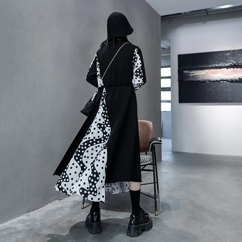 

women's round - neck long sleeve loose dress, irregular printed dress, loose cut, fashion, spring and autumn, 2021,