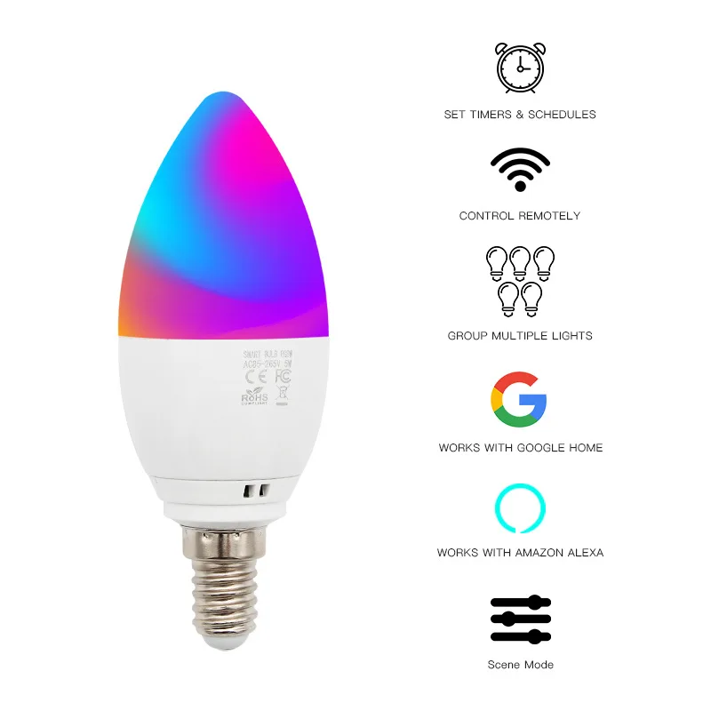 E14 WiFi LED свеча лампа 5 Вт равный 40 RGB 6000 К изменение цвета беспроводной ночной