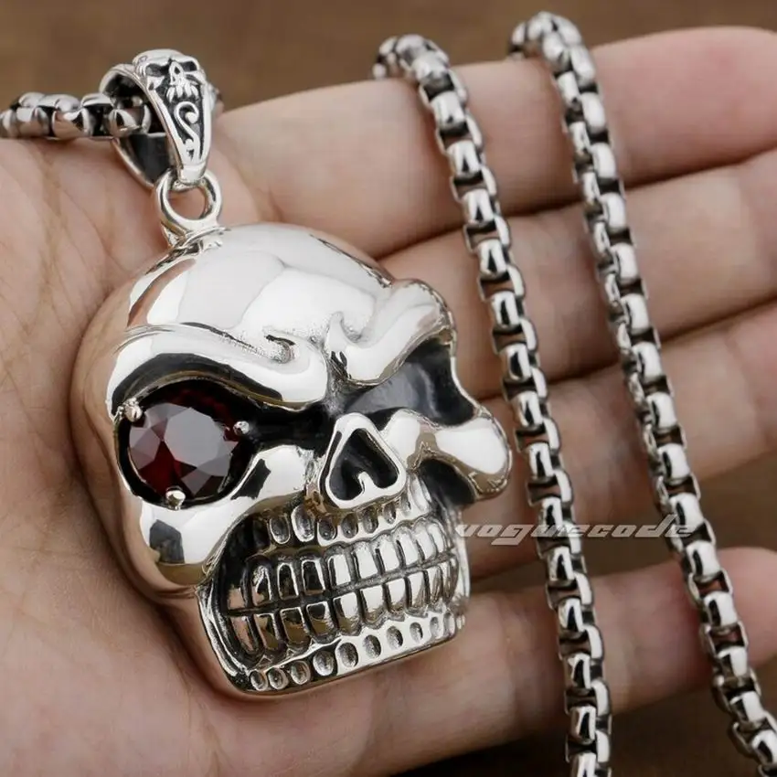 Огромный и тяжелый Красный CZ камень глаз череп 925 пробы Серебряный Мужской