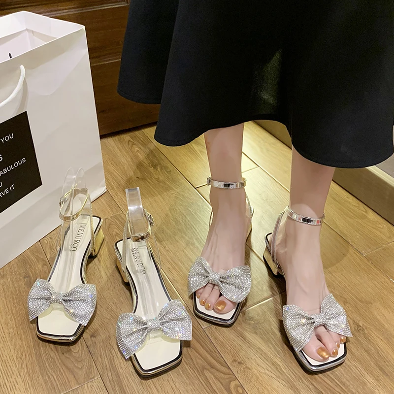 

Женские босоножки с квадратным носком, на каблуке средней высоты, со стразами, для лета, 2021