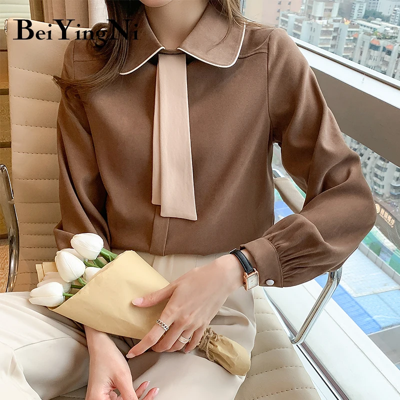 

Beiyingni 2021 French Loose Hit Color Ribbon Shirts Womens Casual Vintage Harajuku White Blouses Female Elegant Blouse Woman OL
