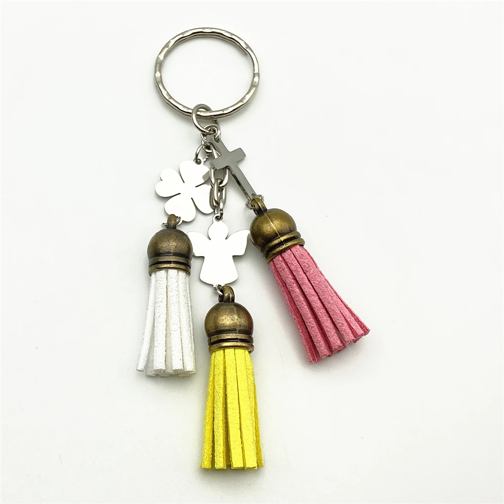 

Брелок с подвеской в виде ангела и кисточки, брелок для ключей в виде клевера, брелок ручной работы, украшение для сумки