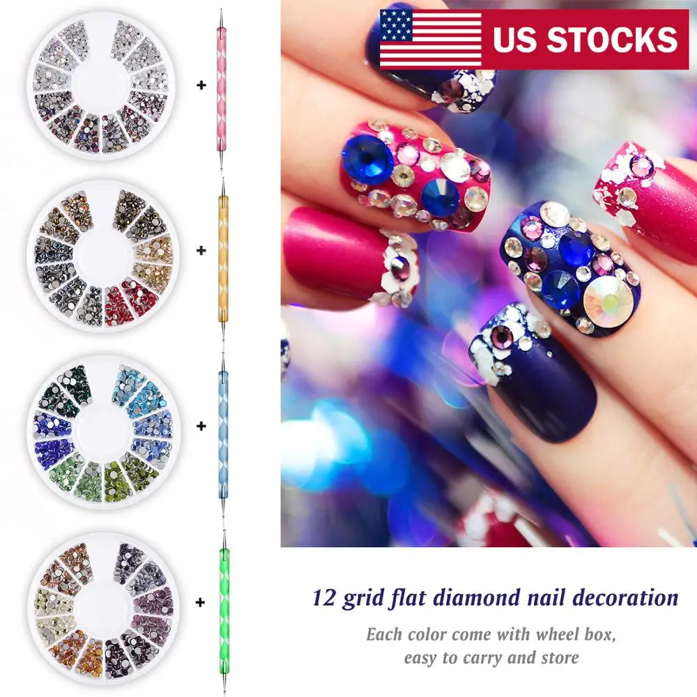 

US STOCKS Nail Gems Rhinestones 3D Nail Art Studs Micro Beads Fake Nails DIY Nail Art Crystal Rhinestones With Dropping Pen