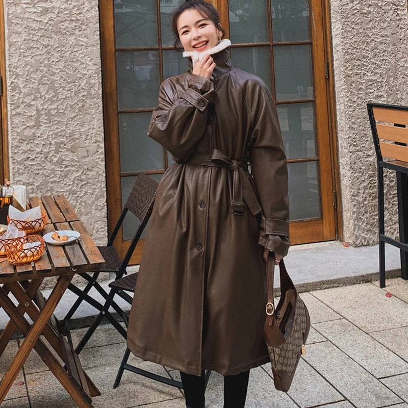 

Winter Long Pu Leather Parka Women Oversize Lined Padded Quilted Coats And Jackets Elegant Whit Belt Office Overcoat Clothing