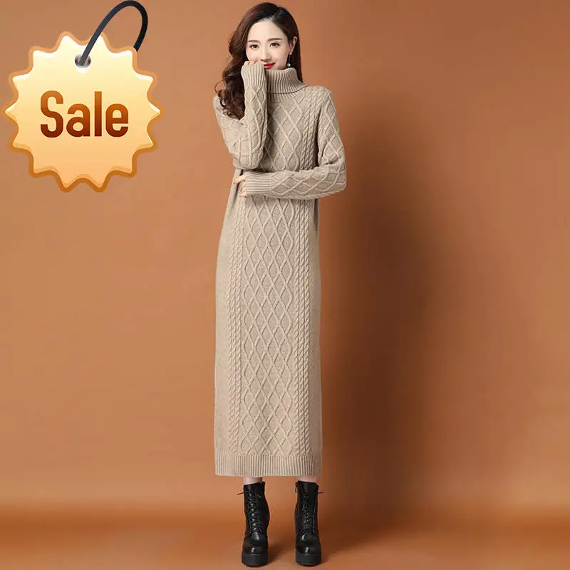 

Winter Leisure Women Long Wool Dress Over The Knee Spring Dress New High Collar Fashion With Overcoat Knitting Solid Lady Dress