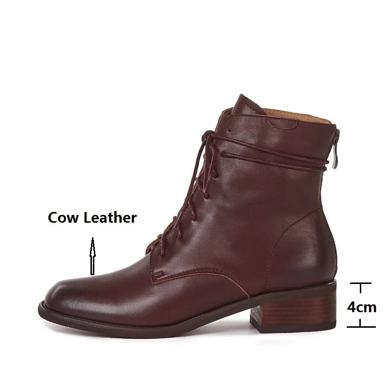 

Autumn Winter Shoes Women Natural Cow Leather Combat Boots Woman Genuine Leather Lace up Square Medium Heels Ankle Boots Ladies