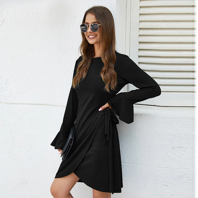 

Осеннее женское облегающее однотонное черное Элегантное повседневное праздвечерние чное платье с длинным рукавом и круглым вырезом неста...