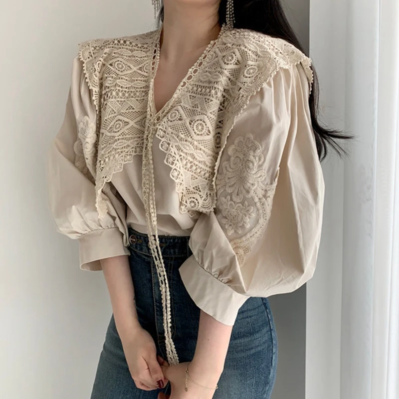 

Women'S All-Match Embroidered Large Lapel Lace Decoration Lace Puff Sleeve Shirt
