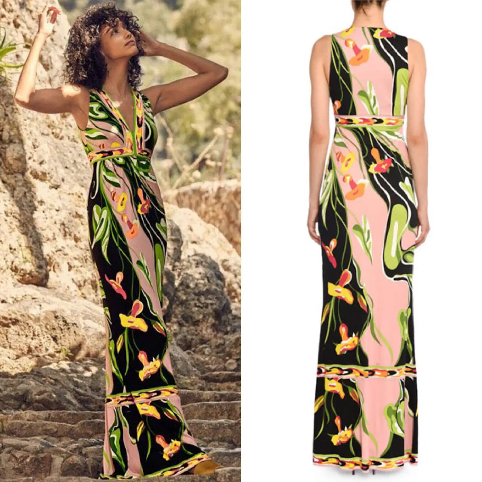 

Summer New Fashion V-neck Printed Holiday Long Dress V Neck Stretch Knit Slim Plus Size Dress for Women