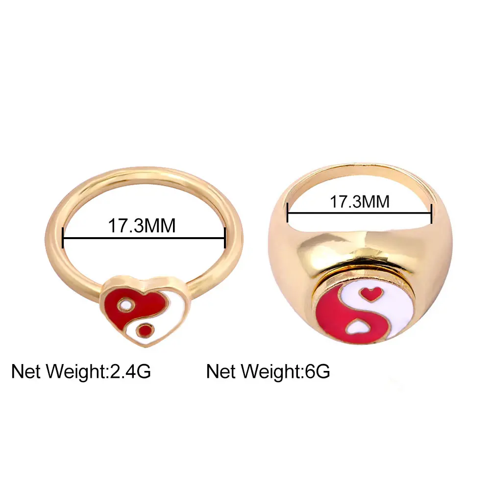 

2 Paired Drip Glaze Tai Chi YinYang Ring For Women Geometric Love Heart Shape Bagua Couple Finger Rings Set Trendy Party Jewelry