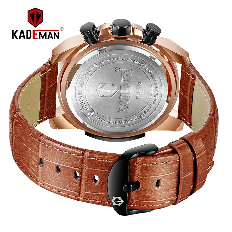Роскошные Брендовые мужские часы KADEMAN, 6 стрелок, с хронографом, календарем, римскими цифрами, модные мужские кожаные кварцевые наручные часы 848