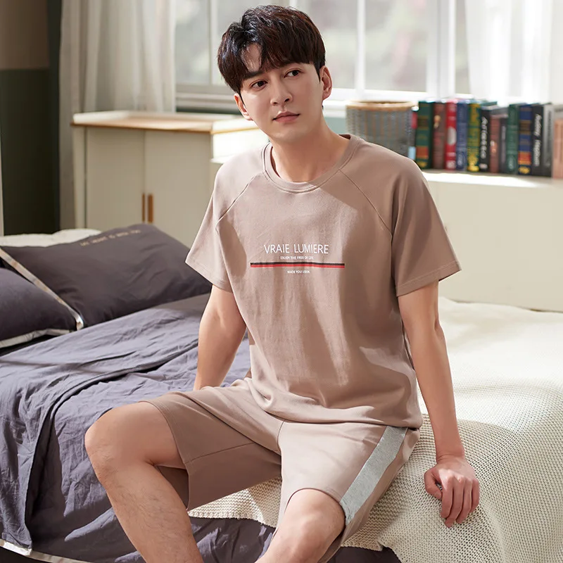 

Plus Size Summer New Men's 2PCS Pajamas Suit M-XXXXL Print Casual Home Wear Short Sleeve Shorts Sleepwear Loose Cotton Nightwear
