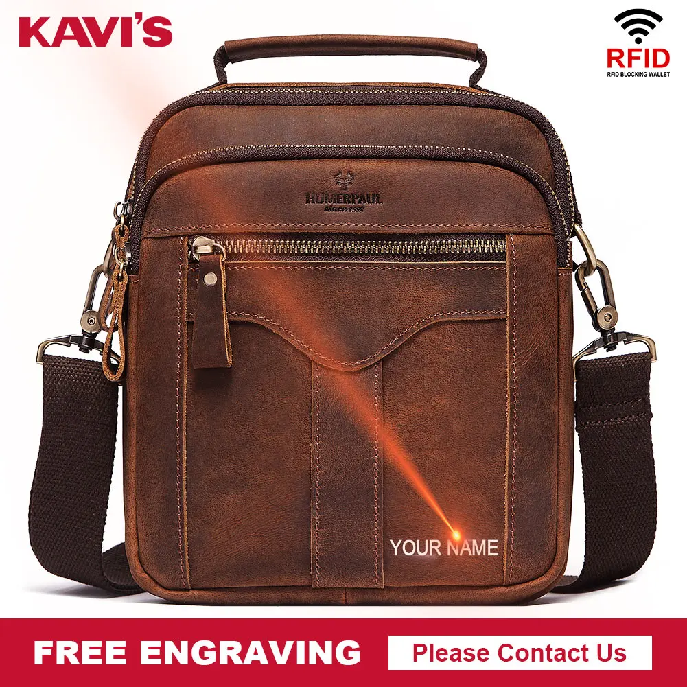 

KAVIS Free Engraving Men's Handbag Shoulder Bag Vintage Cowhide Leather Retro Messenger Bag Stylish Casual Male Crossbody Bags