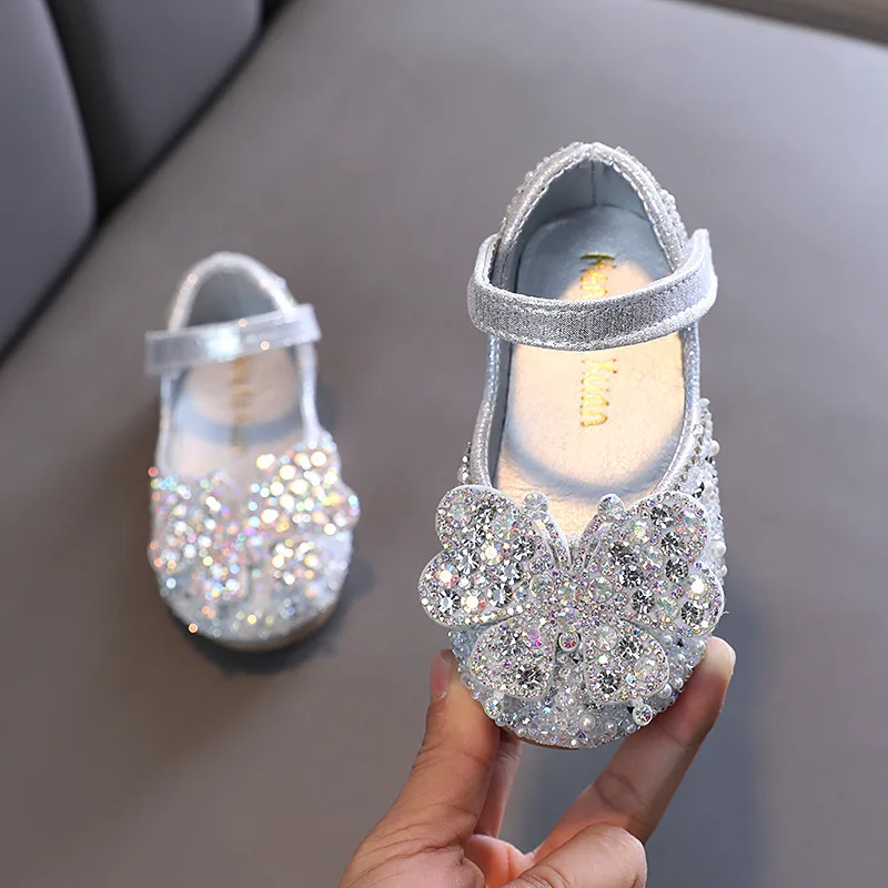 Spring Little Girl Sequined Leather Shoes Children's Fashion Bow Single Shoes Silver Pink Kids Shiny Rhinestone Wedding Shoes