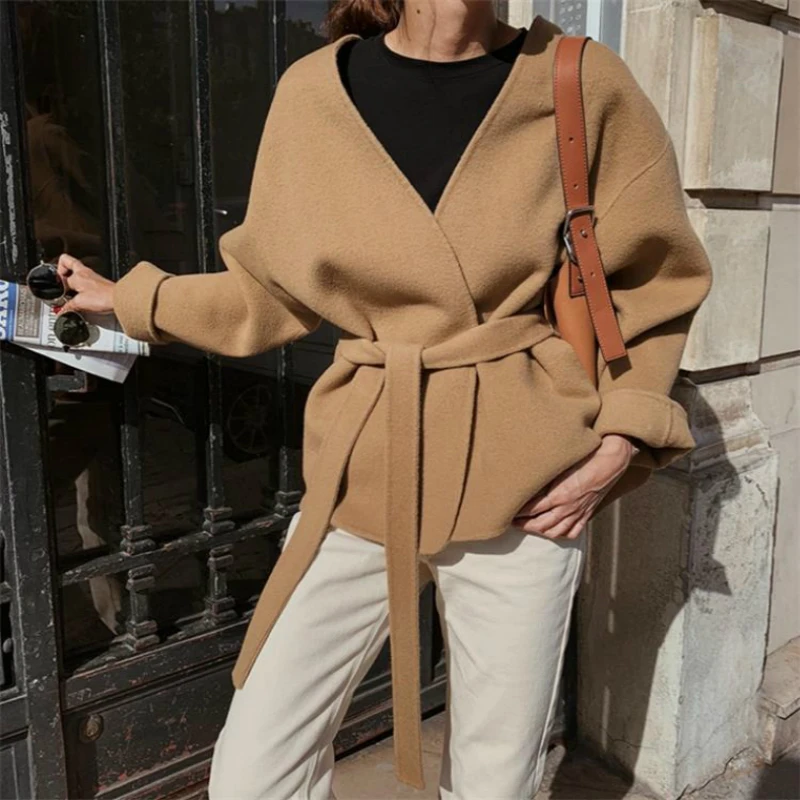 

2020 Korean Winter Casual Handmade Women Lacing Belt Short High End Double Sided 100% Wool Coat Casual Loose Overcoat