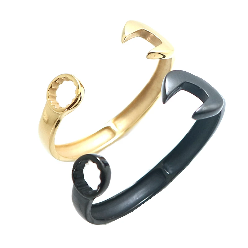 

Unisex 316L Stainless Steel Cool Gold Black Color Biker Spanner Bangle