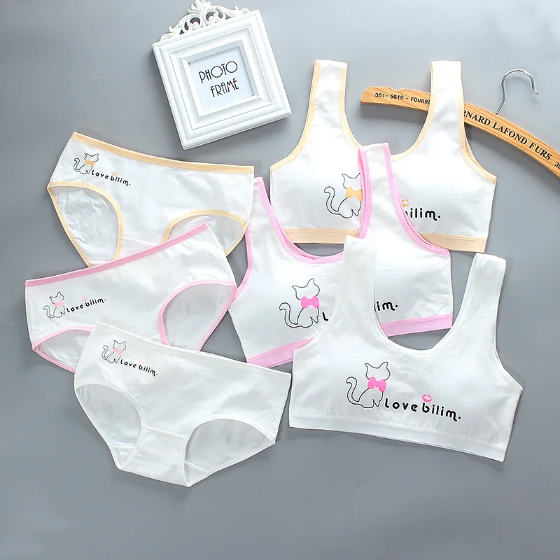 

Cute Cotton Girls Training Bra and Panties Sets Teenage Girls Padded Bra Kids Sports Bra Panties Underwear Children's Clothing