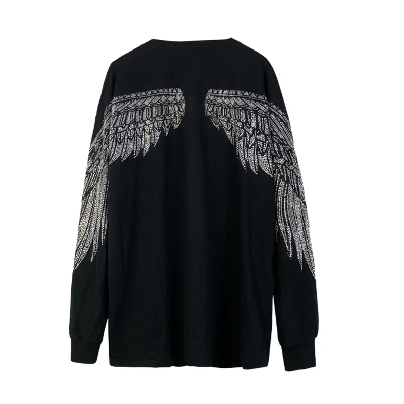 

European Women Spring Pullover Long-Sleeved Loose Sweatshirt Mid-Length Back Wings Hot Drilling Black White Oversized Tshirt Top