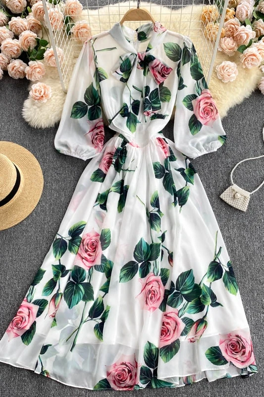 

Noble and elegant temperament women's clothing new trendy sweet bow tie collar age reduction bubble sleeve chiffon dress women