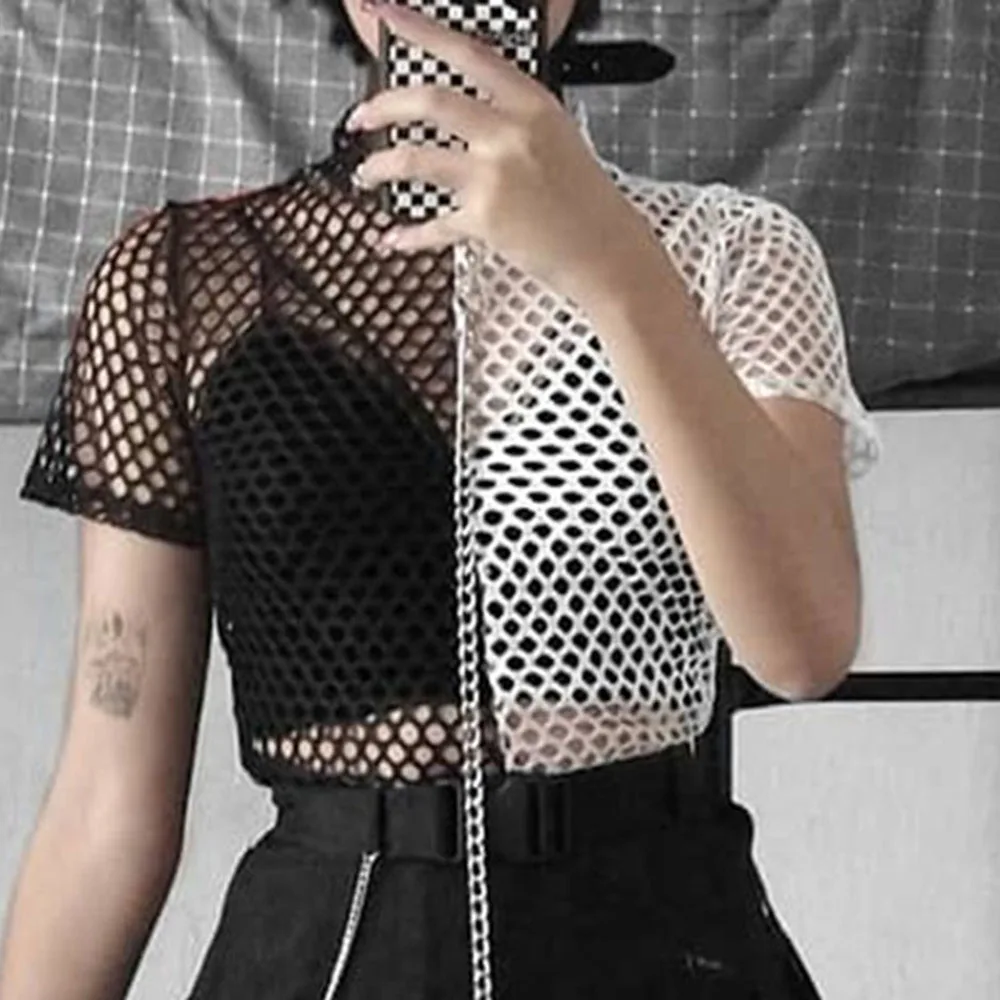 

Rosetic New Punk Mesh Top Gothic T-Shirt Women Streetwear Transparent Black White Patchwork Goth Tops Tees Summer Tshirts 2021