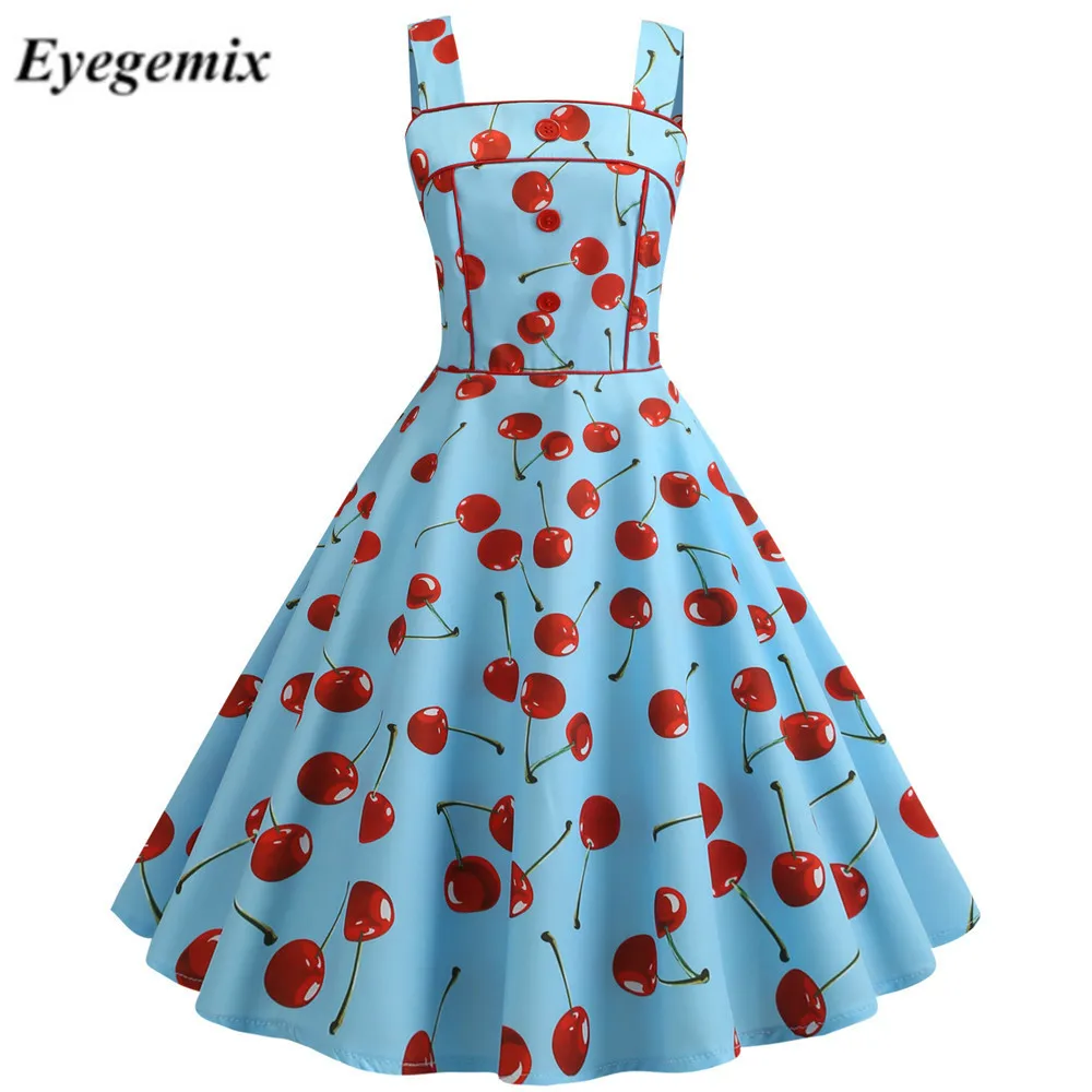 Женское винтажное платье с принтом вишни зеленое в стиле рокабилли 50 60 х годов