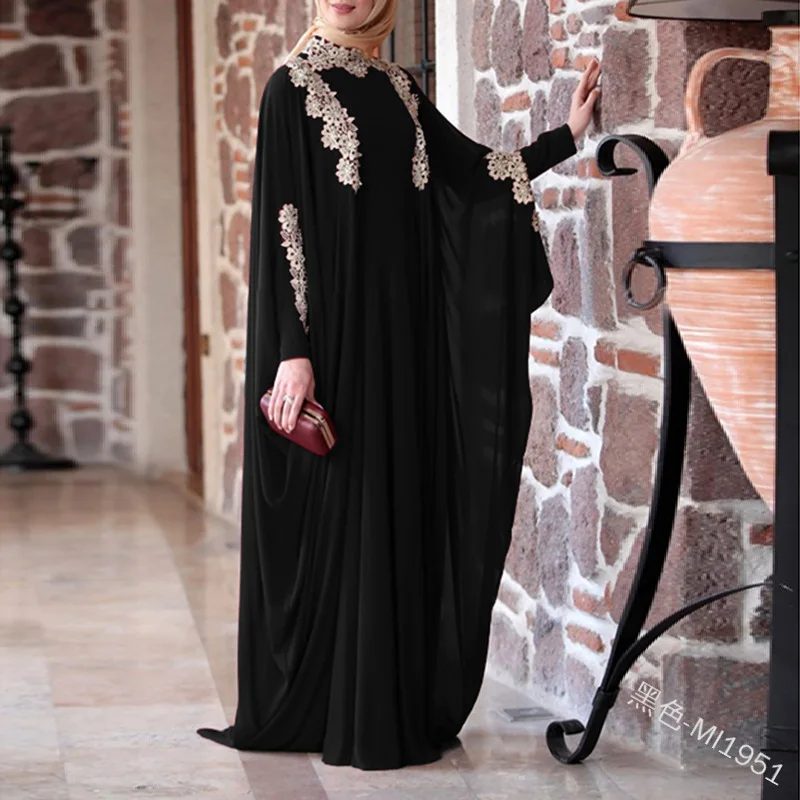 

New Arabia Dubai Turkish solid lace stitching large size loose dress women 2021