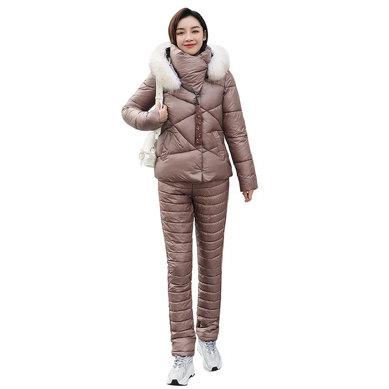 Two Piece Set Women Black Pink M-2XL Loose Parka And Cotton Pants Winter New Long Sleeve Fashion Slim Warmth Clothing LR366